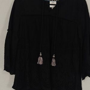 Knox Rose Black Lace Blouse with Tassels